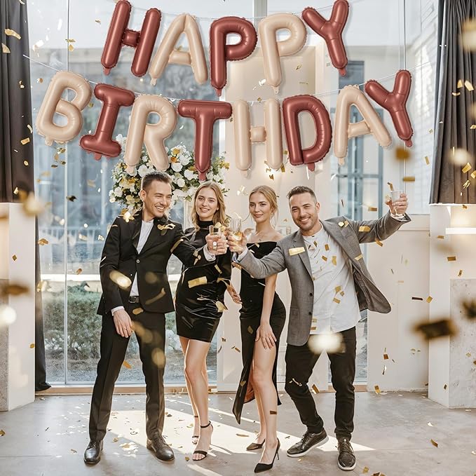Happy Birthday Balloon Banner, 16 Inch Nude Brown Tan Happy Birthday Foil Balloon, Brown Beige Neutral Happy Birthday Bunting Banner Letter Balloons for Boys Men Birthday Party Decorations Supplies