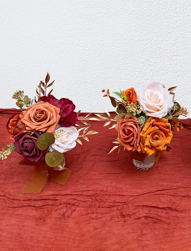 Marriwise Set of 6 Assorted Wedding Flower Centerpieces Pre-Made Mini Bridesmaid Bouquets Artificial Flower Terracotta Table Decor for Fall Wedding Decorations Shower Home Decor