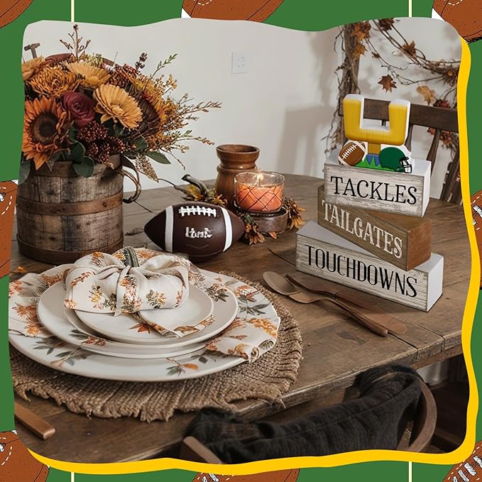 4 Pcs Football Table Decorations Football Tiered Tray Decor Sport Game Centerpiece Sign Decorative Rugby Stack Block Gift for Fans Club Tailgate Birthday Party Table Shelf Fireplace Decor