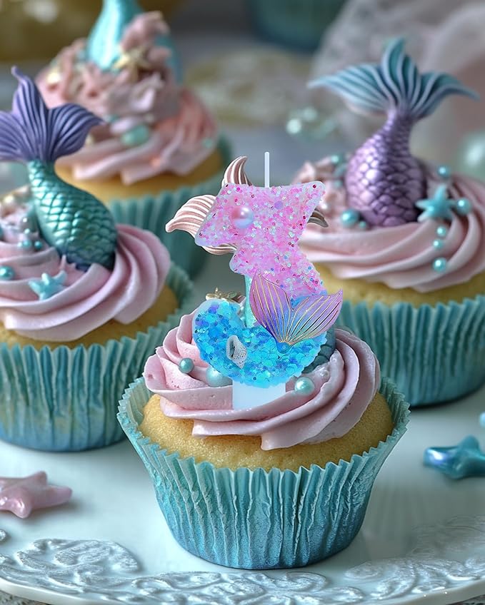 Mermaid Themed Birthday Candles, Number 3 Girls Glitter Birthday Party Supplies,Anniversary Party Decor,2.87 inch Cake Topper Decorations (Mermaid Themed, Number 3)
