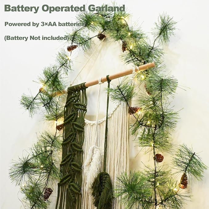 Christmas Garland with Lights 6.56 FT Smokey Pine Garlands with 30 LED Fairy Lights Battery Operated Garland Lights with Pine Cones Artificial Greenery Garland Christmas Pre-lit Light for Home