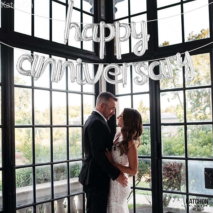KatchOn Happy Anniversary Balloons - 16 Inch Silver | Banner for Decorations | Cursive Balloon for Party Decorations