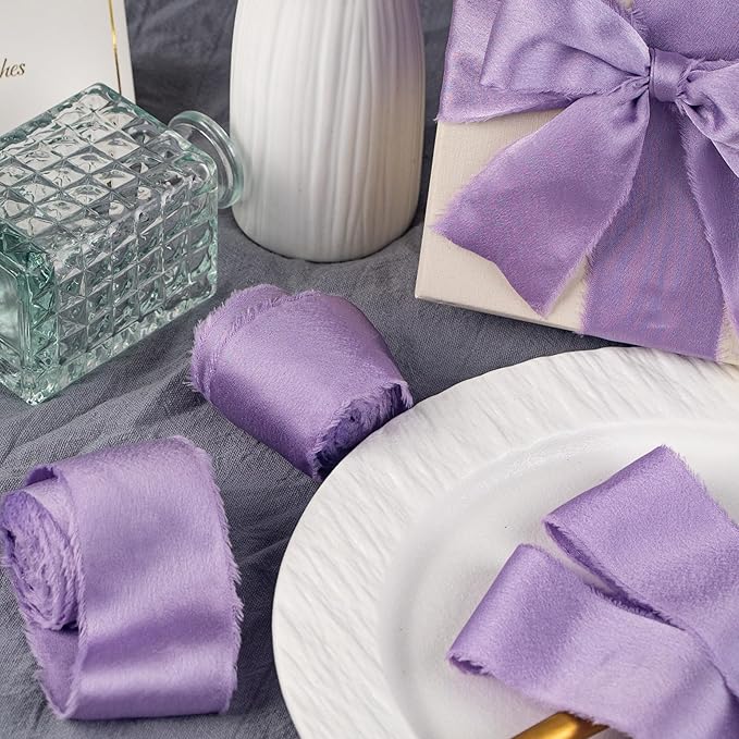 Satin Silk Ribbon, Purple Ribbon for Wrapping, 1-1/2 inch x 15 Yd Handmade Frayed Fringe Ribbons, for Wedding Engagement Birthday Showers Crafts Flower Bouquets Invitation Decor, 3 Rolls
