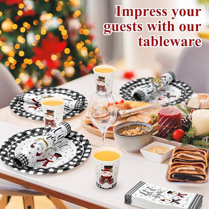 250 Pcs Christmas Snowman Paper Plates and Napkins Party Supplies White Black Buffalo Plaid Winter Disposable Tableware Set for Christmas Winter Holiday Xmas Party Decoration
