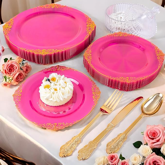 125PCS Hot Pink Plastic Plates - Clear Pink Gold Disposable Plates - Hot Pink Party Plate with Gold Plastic Silverware Set for 25 Guests for Wedding Party Birthday