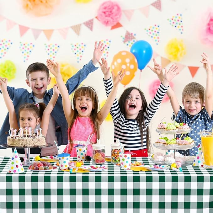 WNINK 6 Pack Green and White Checkered Rectangular Plastic Tablecloths, Green Gingham Waterproof Disposable Table Covers 54" x 108" for Birthday, Wedding, Outdoor Picnic Camping Parties