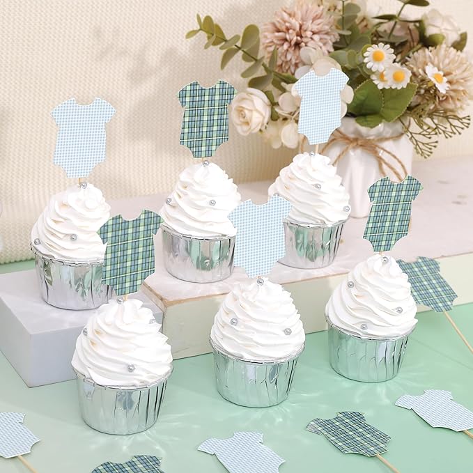 Green Bodysuit Cupcake Topper - Baby Shower Decoration Green Gingham Cake Topper,Baby Shower Bunting (green-topper)