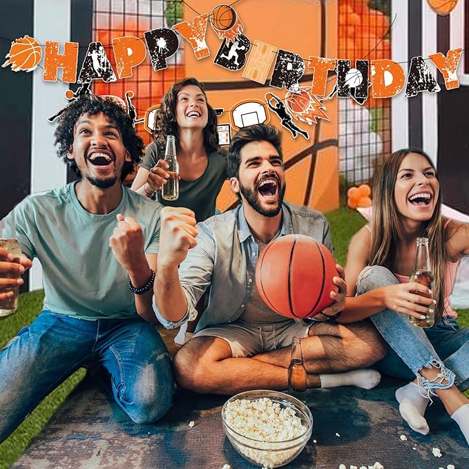 SUNBEAUTY Basketball Happy Birthday Banners,Basketball Themed Party Decorations, Basketball Themed Party Supplies Basketball Slam Dunk Garland Birthday Party Bunting Sign for Kids Teenagers Boys Men