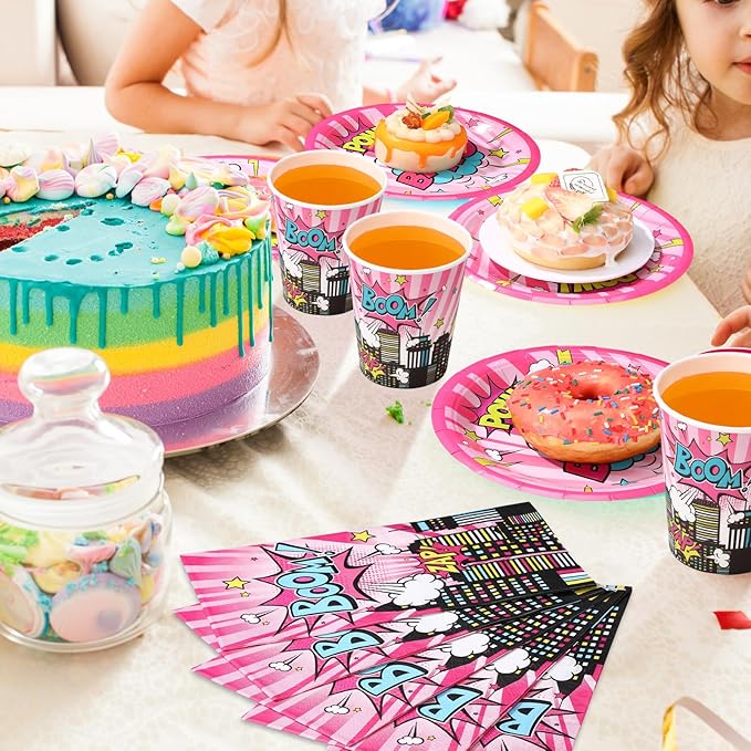 250 Pcs Girl Hero Birthday Decoration Pink Comic Girl Hero Paper Plates Napkins and Cups Power Halloween Theme Party Tableware for Birthday Baby Shower Party Supplies, Serves 50