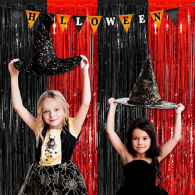3 Pack Black and Red Foil Fringe Curtains Backdrop, 3.28 x 6.6 Ft Metallic Streamers Tinsel Curtains Background for Photo Booth, Birthday, Halloween, Christmas, New Year Party Decorations