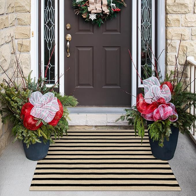 KIMODE Fall Front Door Mats 24"x35", Washable Halloween Porch Decor, Farmhouse Striped Layered Doormat Outdoor, Black and Khaki Cotton Woven Autumn Rugs for Entryway Kitchen Thanksgiving