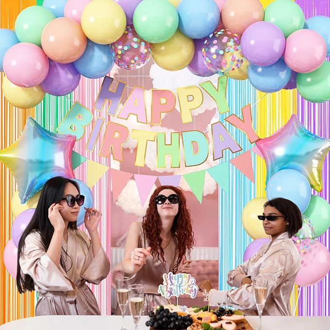 Pastel Birthday Decorations for Girls, Macaron Rainbow Pastel Color Balloons Reusable Happy Birthday Banner Sign Fringe Curtain Backdrop Cake Toppers for Kid Spring Baby Shower Party Decoration