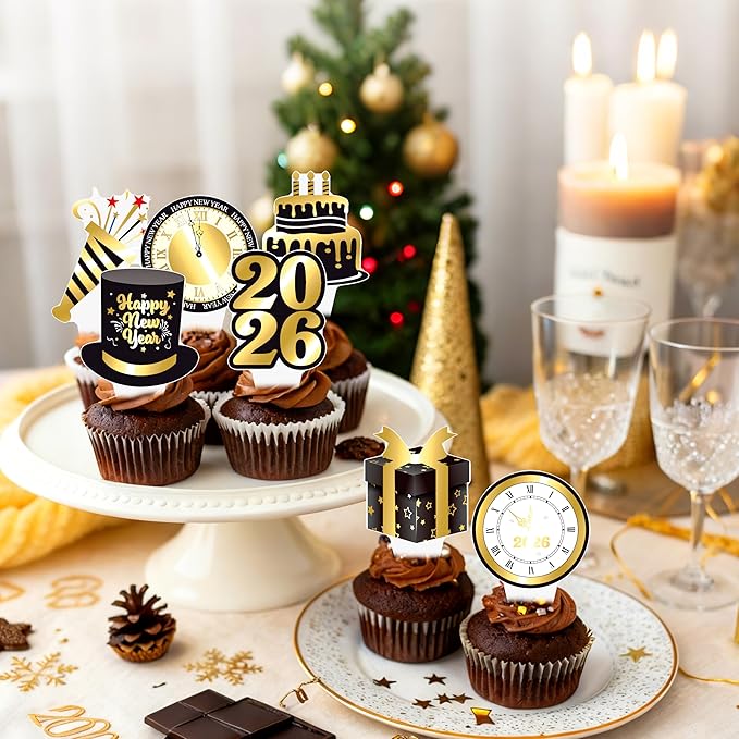 48Pcs New Years Eve Party Cupcake Toppers Happy New Year Countdown Clock Theme Cupcake Toppers for Hello 2026 Party Decorations Midnight Countdown Events Supplies