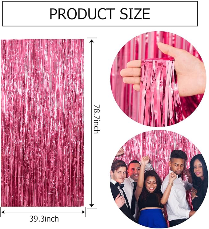 3 Pack Pink Backdrop Birthday Party Decorations Tinsel Foil Fringe Curtains Backdrop Streamer Bachelorette Christmas Graduation Wedding Princess Pink Theme Party Decorations