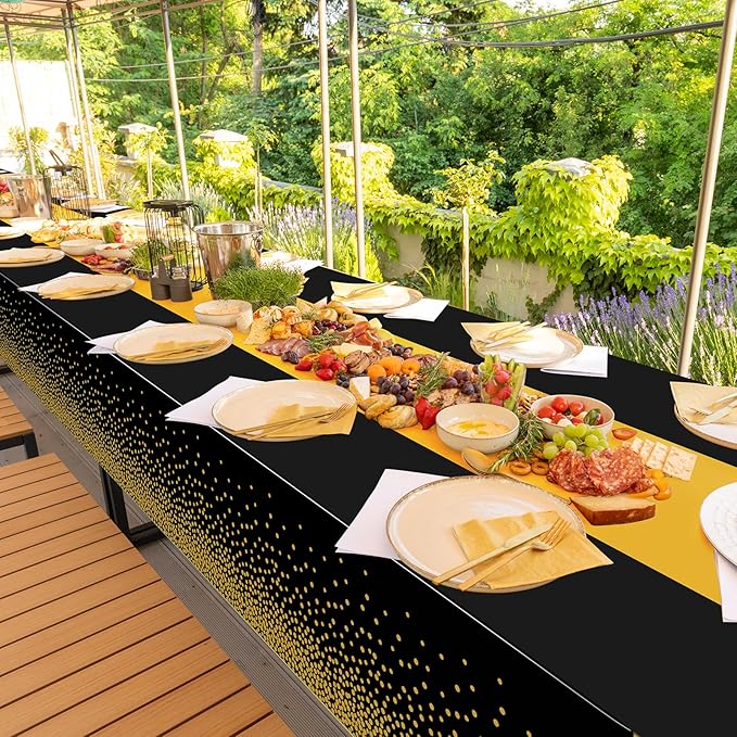 6Pcs Black and Gold Tablecloth Party Decorations,Plastic Black Table Cloth Printed Gold Table Runner Disposable Rectangle Table Cover for Birthday Retirement Anniversary Graduation Party,54 x108 Inch