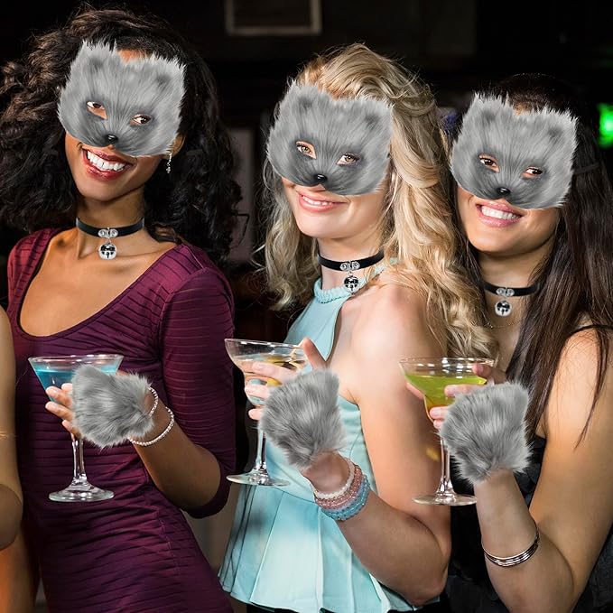 BADALU Therian Cat Mask and Tail Set - Furry Fox Wolf Mask with Leather Choker and Faux Fur Tail - Halloween Cosplay Party