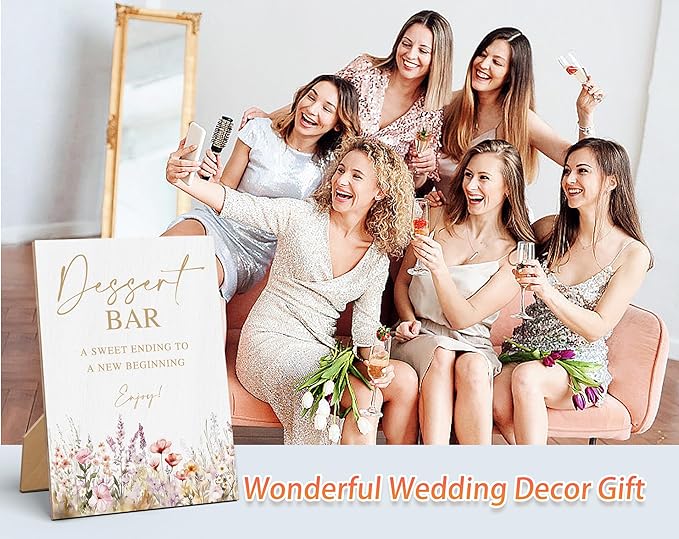 Floral Wedding Dessert Bar Sign, Wedding Reception Table Decorations, Reception Table Wooden Sign with Back Stand for Bridal Shower Parties, Engagement Night Accessories, Anniversary Party, 6