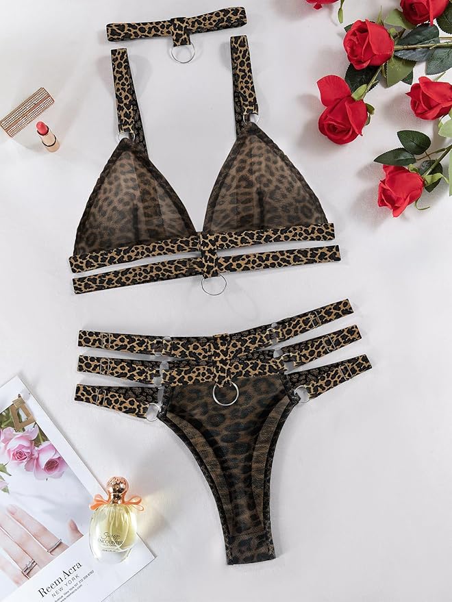 Lilosy Sexy Wireless Choker O Ring Linked Strappy Harness Lingerie Set Outfits 3 Piece