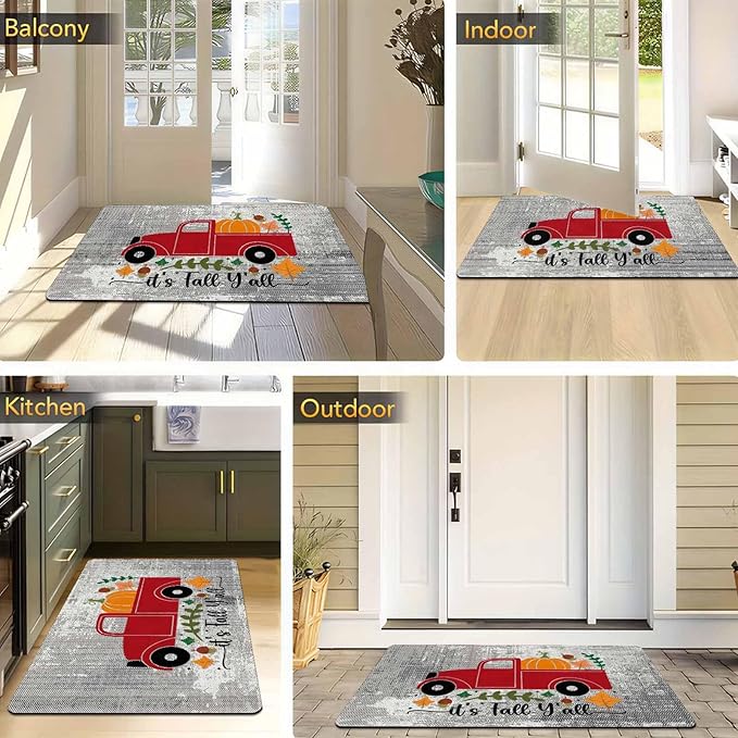 Fall Door Mat Outdoor for Front Door, Fall Decorations for Home Welcome Doormat Non-Slip Washable Autumn Pumpkins with Truck Doormat Entrance Rug for Indoor Outdoor, 30"x18"inch