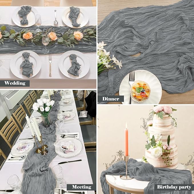 2 Pack 10 Ft Cheesecloth Table Runner Grey Gauze Long Table Runners Boho Gauze Cheese Cloth Table Runner Rustic Sheer Runner for Wedding Party Table Decor ( 35 x 120 Inch )