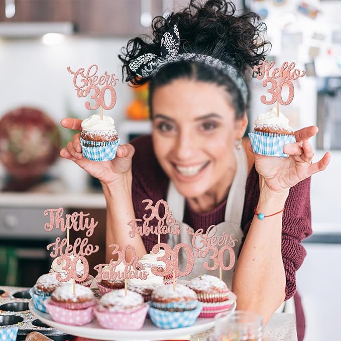 30PCS Happy 30th Birthday Cupcake Toppers Glitter Thirty Cheers to 30 Years Old Birthday Cupcake Picks Hello 30 Fabulous Cake Decorations for Happy 30th Birthday Anniversary Party Supplies Rose Gold