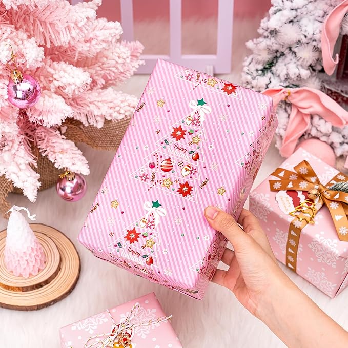 WRAPAHOLIC Reversible Pink Christmas Wrapping Paper - Mini Roll - 17 Inch x 33 Feet - Pink Christmas Tree Wrapping Paper and Snowflake Design for Holiday, Party Celebration