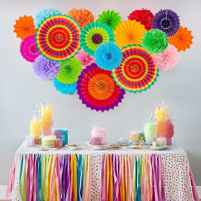 35PCS Fiesta Paper Fan Party Decorations Set - Cinco De Mayo Pom Poms,Pennant,Garland String,Banner,Hanging Swirls Hispanic Heritage Month Decor Supplies,Multicolored