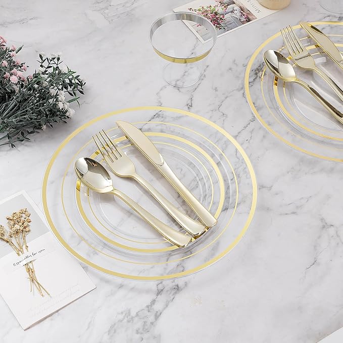 BESTVIP 50PCS Clear Gold Plastic Plates, 10.25 Inch Disposable Dinner Plate Party with Gold Rim, Heavy Duty Disposable Plastic Plates for Christmas, Thanksgiving, Party, Wedding and Birthday