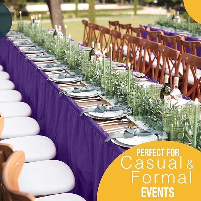 Exquisite Ruffle Table Skirt Purple 6 Pack 14 Ft Long for Rectangle 6ft Plus or Round Tables With Adhesive Strip for Gender Reveal Decor & Happy Birthday Parties