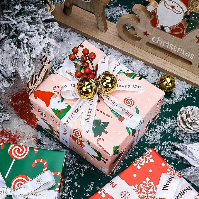 WRAPAHOLIC Reversible Gnome Christmas Wrapping Paper - Mini Roll - 17 Inch x 33 Feet - RRed Green Gnome Wrapping Paper and Pink White Polka Dots for Christmas, Holiday, Party