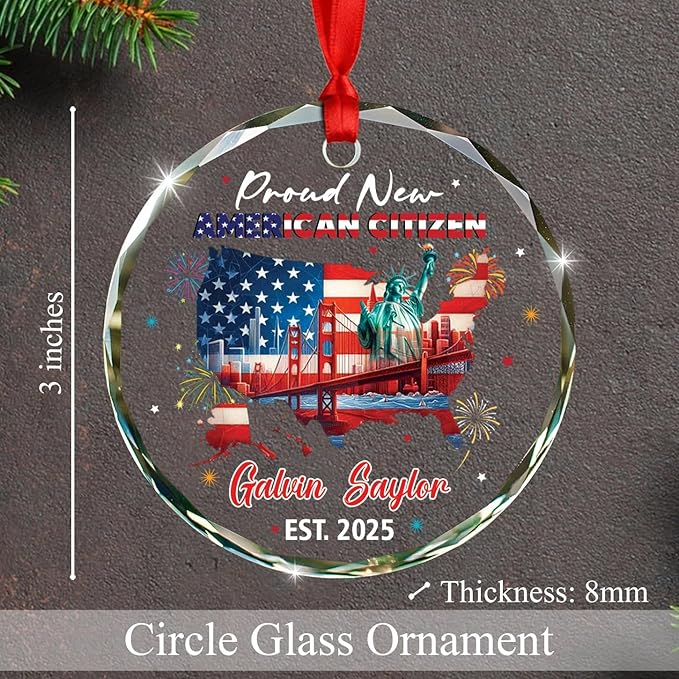Proud New American Citizen Glass Xmas Ornament 2025, Personalized Year Name Congrats Citizenship Celebration Keepsake Ornaments, Custom NYC Cityscape Christmas Ornament Gift for US Lovers Citizenship