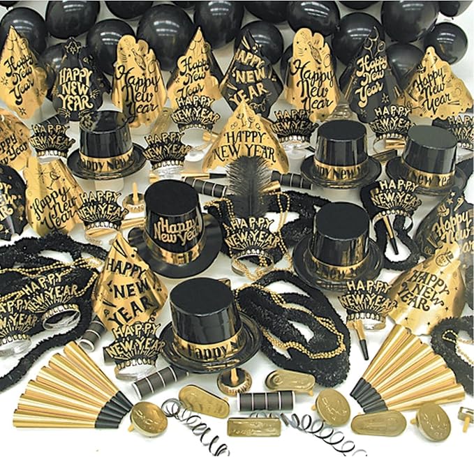 Crown Display New Years Eve Party Supplies, 352 Pieces, Black And Gold Top Hats Tiaras Bead Necklace Noise Makers, 2026 New Years Decorations Happy New Year Decorations 2026 Bulk Party Favors