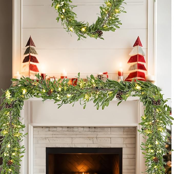 6FT Lighted Garland Christmas with Timer, Faux Cedar Garland Realistic with Berry Pinecone,Xmas Vines for Fireplace Indoor Outdoor Winter Decor