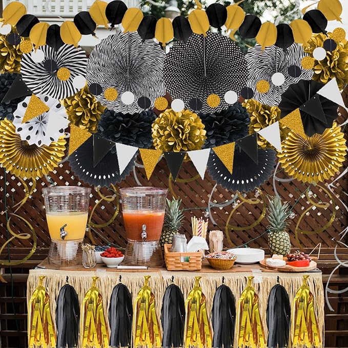 ZERODECO Party Decorations, 41 Pcs Black and Gold Papar Fans Pompoms Garlands String Tissue Paper Tassel for Graduation Congrats Grad New Years Wedding Birthday Party