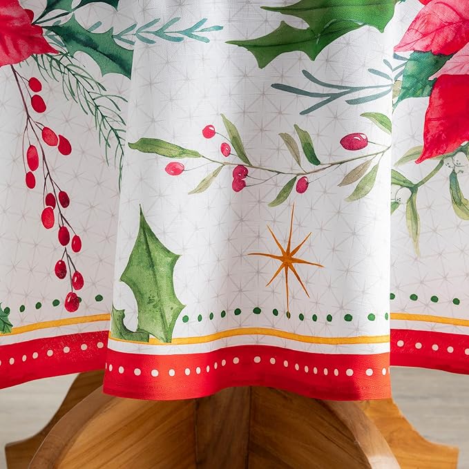 Maison d' Hermine Table Cloth Round Table 100% Cotton 63 Inches Fall Tablecloth Reusable Everyday Use for Thanksgiving Christmas Decorations Dining Farmhouse Party (Poinsettia Christmas)