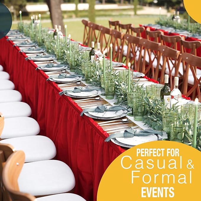 Exquisite Ruffle Table Skirt Red 2 Pack 14 Ft Long Table Skirts for Rectangle Tables 6ft Plus or Round Tables Skirts with Adhesive Strip for Gender Reveal Decor & Happy Birthday Parties