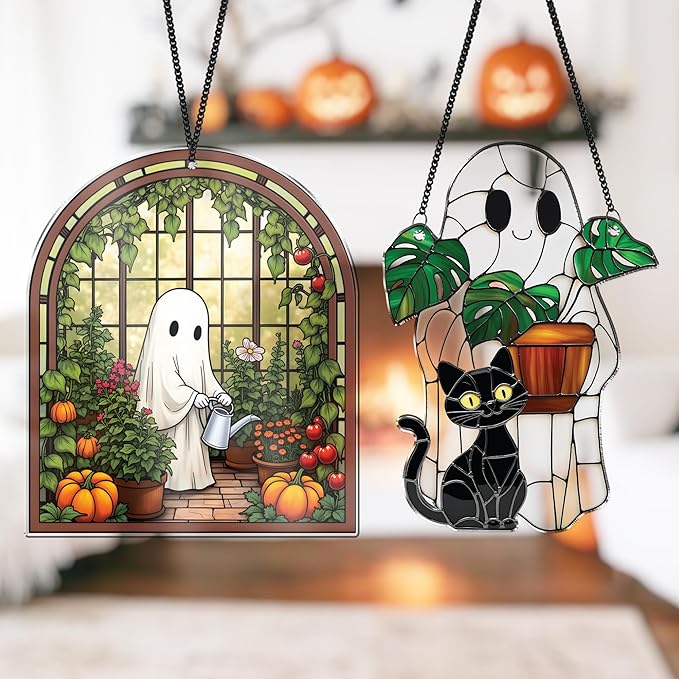 2 Cute Halloween Decoration Suncatchers, Spooky Cute Ghost Plant Window Hangings, Ghost with Black Cat Greenhouse, Pumpkin Ornaments Home Garden, Gifts for Mom, Plant Lovers, Women, Girl SS358