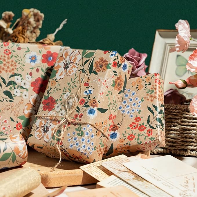 WRAPAHOLIC Kraft Floral Wrapping Paper Roll - Mini Roll - 17 Inch x 33 Feet - All Occasion Flower for Wedding Bridal Shower Birthday