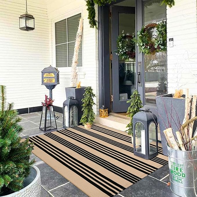 KIMODE Striped Outdoor Rug 3'x 5',Washable Reversible Fall Outdoor Patio Rugs,Cotton Hand Woven Farmhouse Welcome Layered Door Mats for Front Door Entryway Porch Halloween Decor Black and Khaki