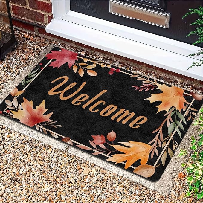 Fall Welcome Maple Leafs Decorative Door Mat, Autumn Thanksgiving Doormat for Indoor Outdoor Entrance Floor Mats,Fall Pumpkins Non Slip Harvest Vintage Decor Rubber Welcome Mats 30" x 18" Inch