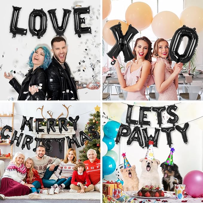 52 Pcs Black Letter Balloons,16 Inch Foil Alphabet Letter Balloons,Letter A-Z Balloon Banner Custom Phrase Balloon for Birthday Party Wedding Anniversary Decoration (Black 52pcs)