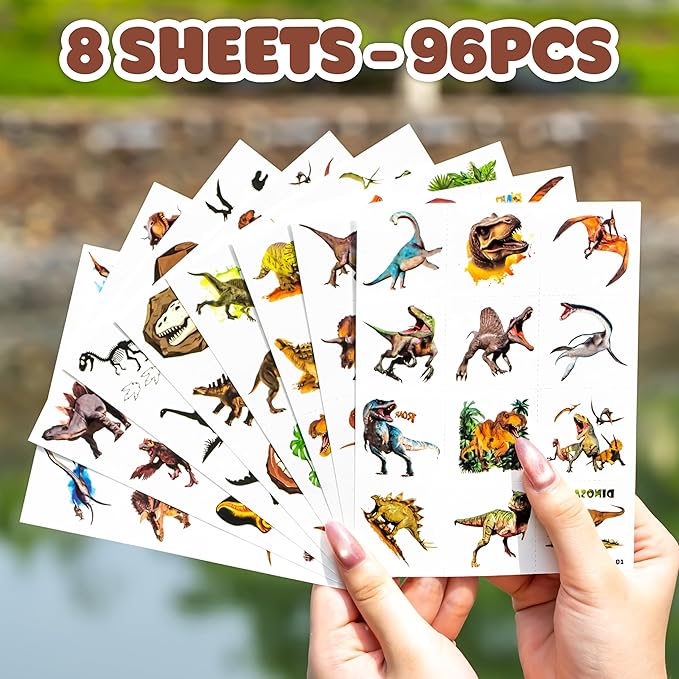 96 PCS Dinosaur 3D Pre-Cut Temporary Tattoos for Kids | Super Cute Themed Birthday Party Favors, Supplies, Decorations, Funny Jungle Fake Tattoo Stickers (Multiple)