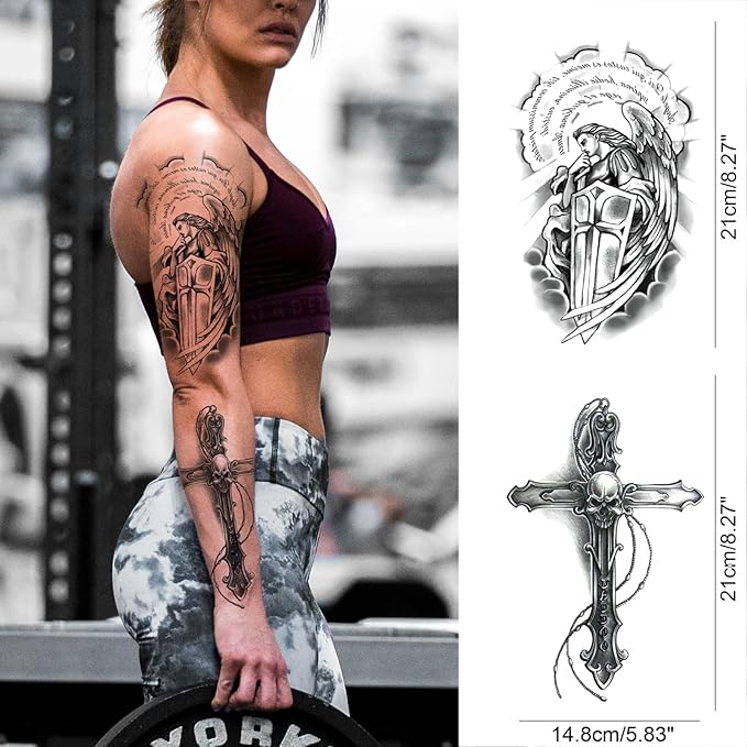 Christian Cross Temporary Tattoo Sleeve for Men, 4-Sheet Full Arm Large Religious God Jesus Fake Tattoo Sleeve Women Adult and 4-Sheet Realistic Lion Cross Christ Pray Half Temp Tatoo Sticker Leg Body