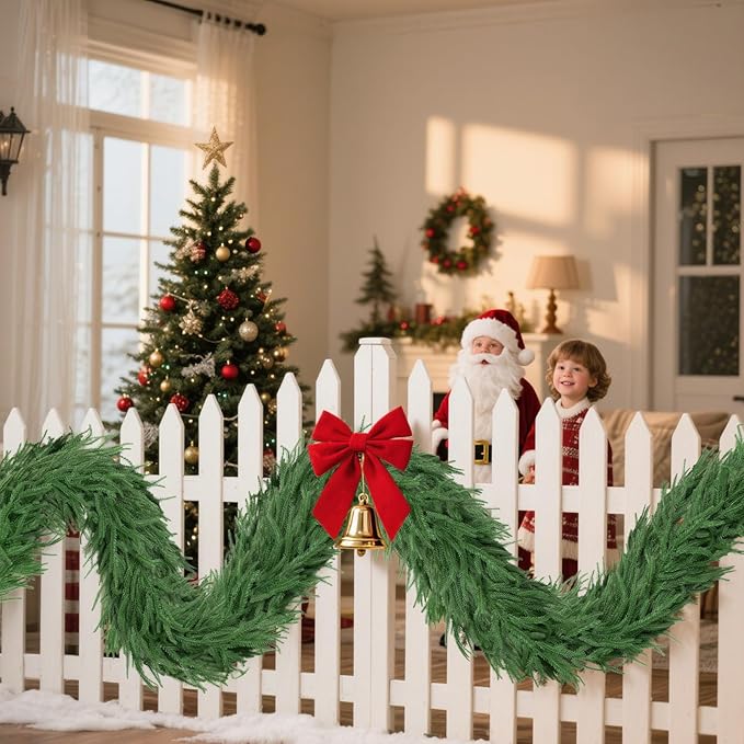 Artificial 9Ft Norfolk Pine Garlands, Christmas Winter Pine Garland, Real Touch Faux Green Greenery Garland for Table, Fireplace, Stairs, Mantle, Window, Indoor, Outdoor Christmas Decorations