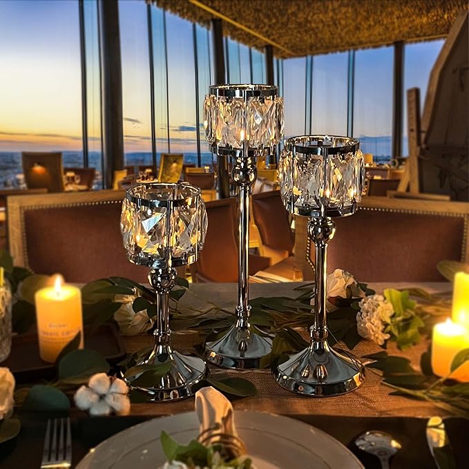 Crystal Tealight Candle Holders Set of 6 (9''/11''/13'') - Elegant Metal & Glass Centerpieces for Stunning Home Decor (Silver)