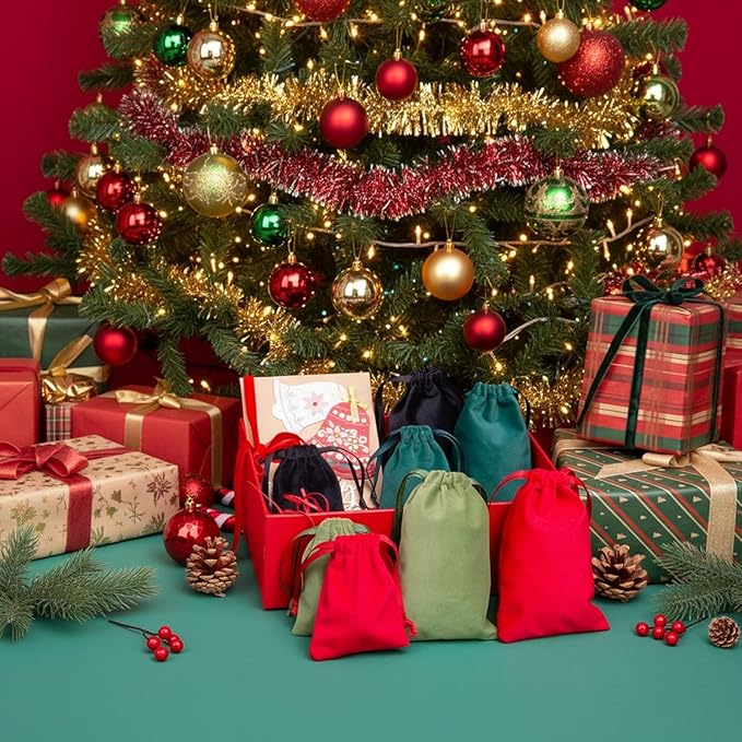 12pcs Red Velvet Drawstring Bags 3x4 inches Small Velvet Cloth Gift Bags Jewelry Pouches for Bracelet Storage Wedding Party Favor Christmas