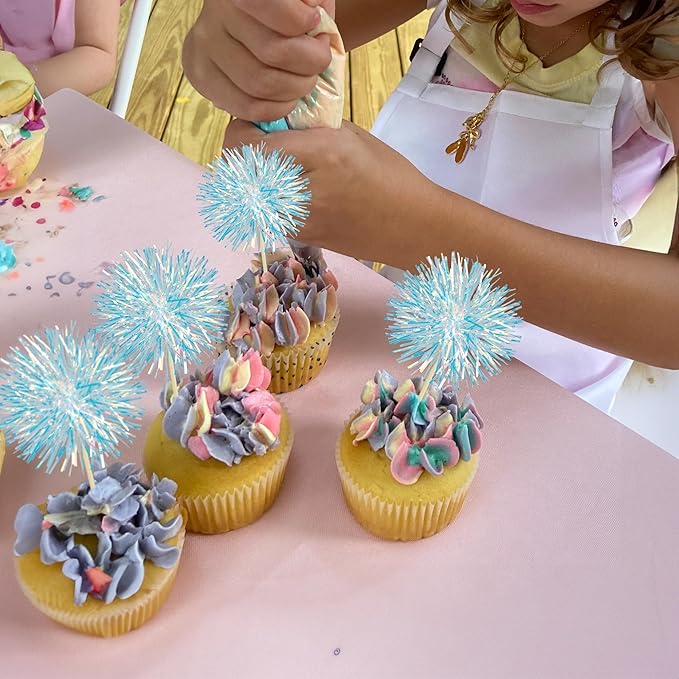 Ephlyn 30Pcs Foil Firework Cupcake Toppers Party Birthday Cake Toppers Supplies Sparkle Tinsel Cocktail Fruit Toothpick for Birthday Wedding Graduation Party Blue