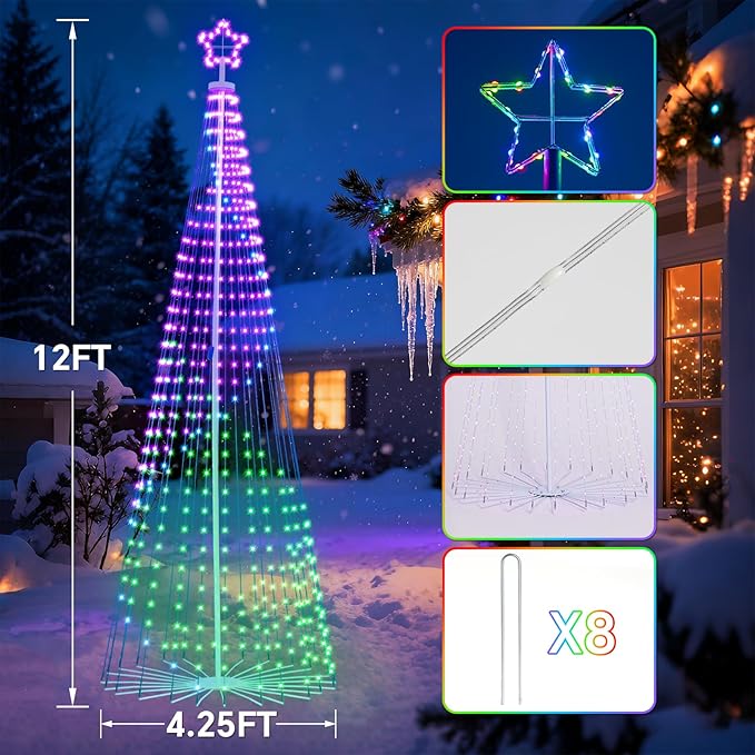 12FT Outdoor Christmas Tree, RGB Color Changing Pre-lit Smart Cone Christmas Tree with LED Lights, App&Remote Control, DIY Multi-Color Lightshow, Music Sync, Christmas New Year Decoration