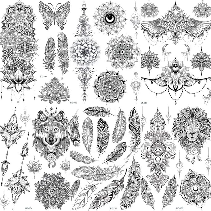 COKTAK 6 Pieces/Lot Unique Black Henna Temporary Tattoo Stickers For Adults Women Girls Feather Mandala Flower Body Art Large Big Arm Tattoos Sheet Lace Indian Mehndi Sexy Wedding Tatoos OWL