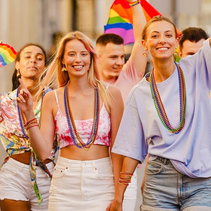 12PCS Pride Accessories, Pride LGBTQ Beads Necklace Stuff, Metallic 6 Kinds of Rainbow Necklace Bulk, Gay Lesbian LGBT Costumes Decorations for Pride Month Parade Throws Party Favors